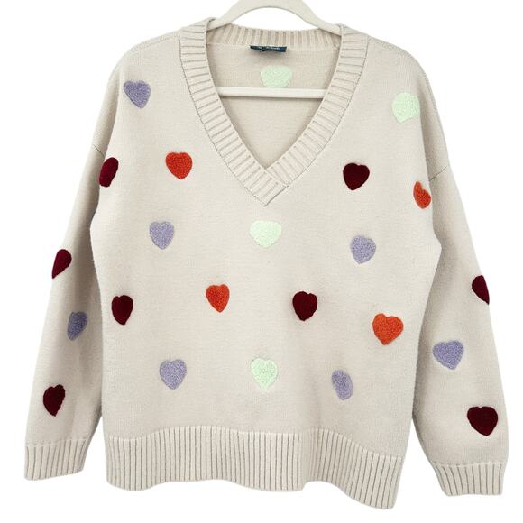 Modcloth Womens Neutral Novelty Valentines Day Heart Knit Pullover Sweater L Tan - Picture 1 of 7